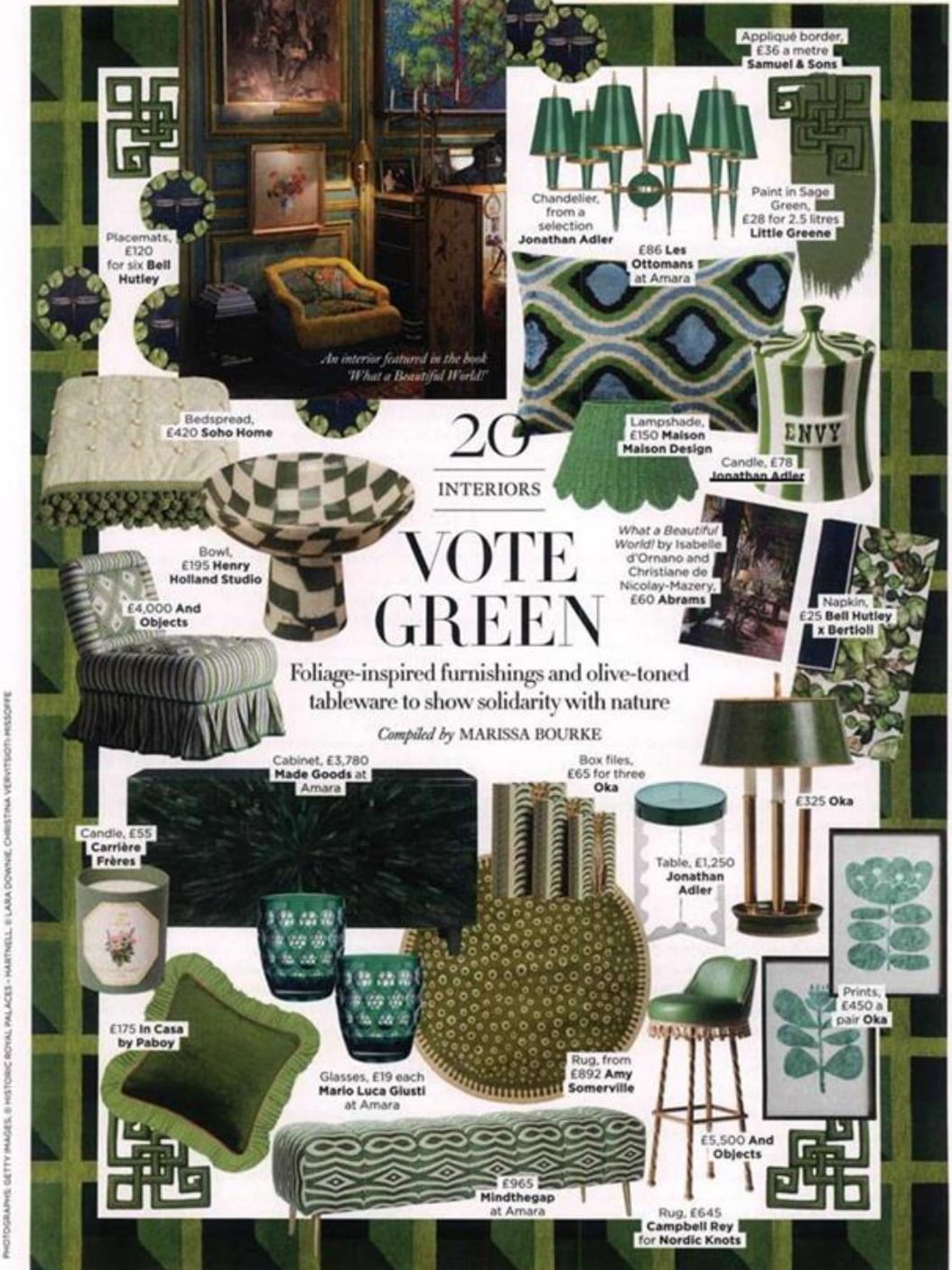 Harper's Bazaar are voting green with Jonathan Adler's chandelier, table and candle
