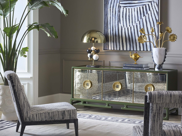 Jonathan Adler – Living room – Baldwin credenza, Cocteau slipper chair – Portrait