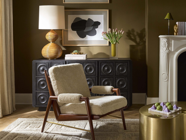 Jonathan Adler – Living room – Big Sur lounge chair, curly sheepskin – Portrait