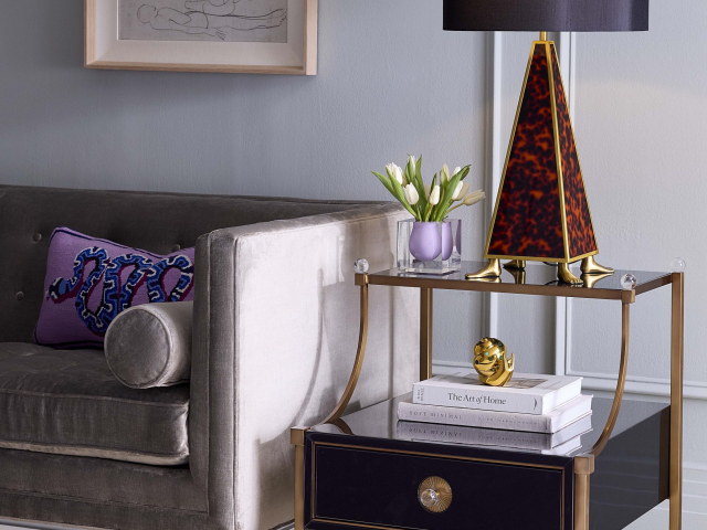 Jonathan Adler – Living room – Rider Terrace end table, Constantine table lamp, Lampert sofa – Portrait