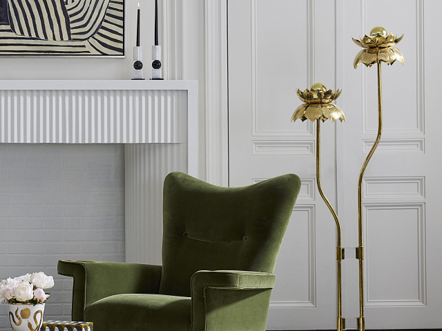 Jonathan Adler – Living room – St Germain lounge chair, Brass Flower floor light – Portrait