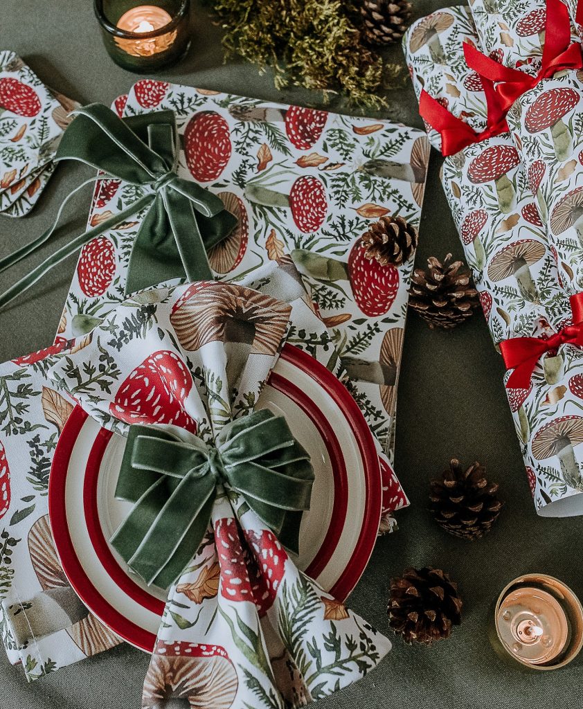 Nancy & Betty - Chistmas - Mushroom napkins, crackers, placemats, coasters, Moss Green bow - lifestyle - Portrait
