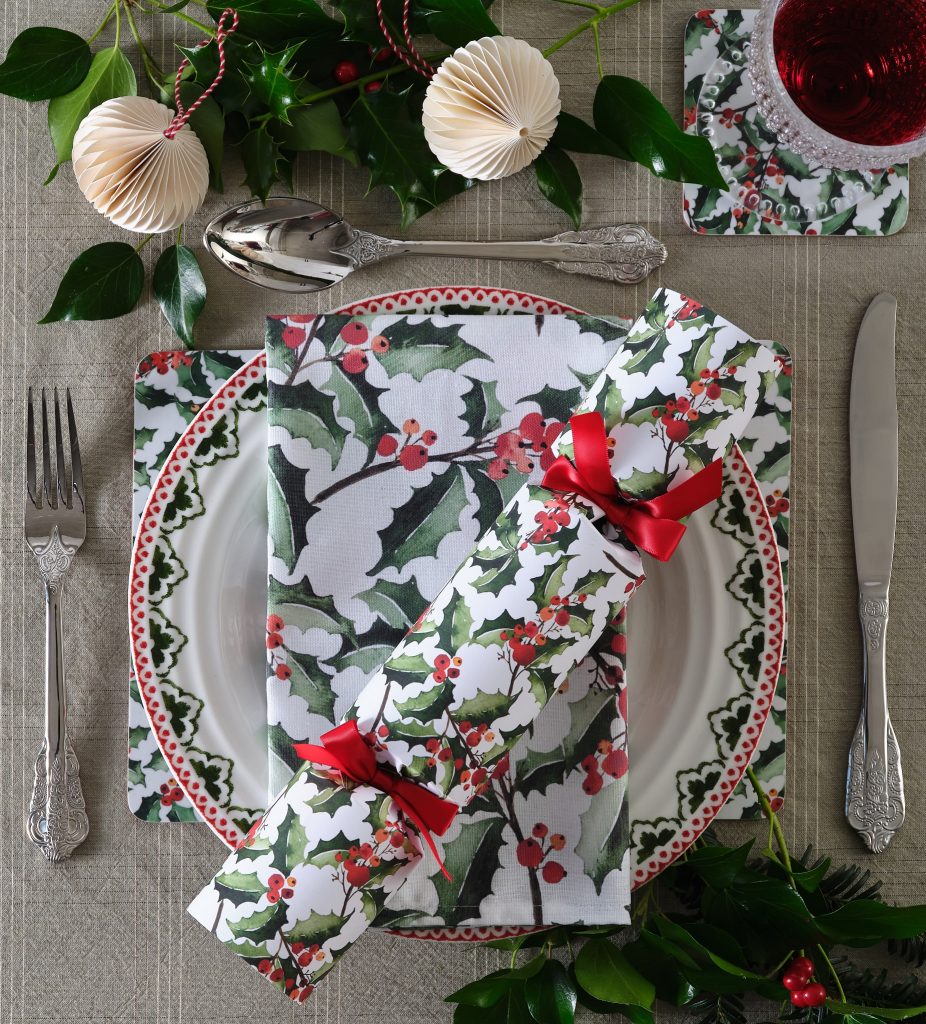 Nancy & Betty - Christmas - Green Holly crackers, napkins, placemats, coasters - lifestyle - Portrait (2)