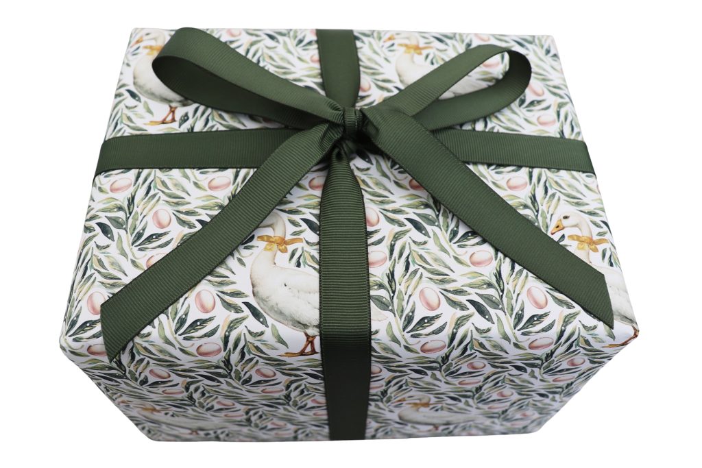 Nancy & Betty - Wrapping paper - Geese, with Moss Green grosgrain ribbon - Portrait (1)