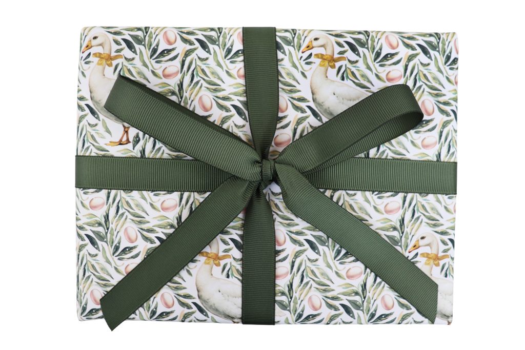 Nancy & Betty - Wrapping paper - Geese, with Moss Green grosgrain ribbon - Portrait (2)